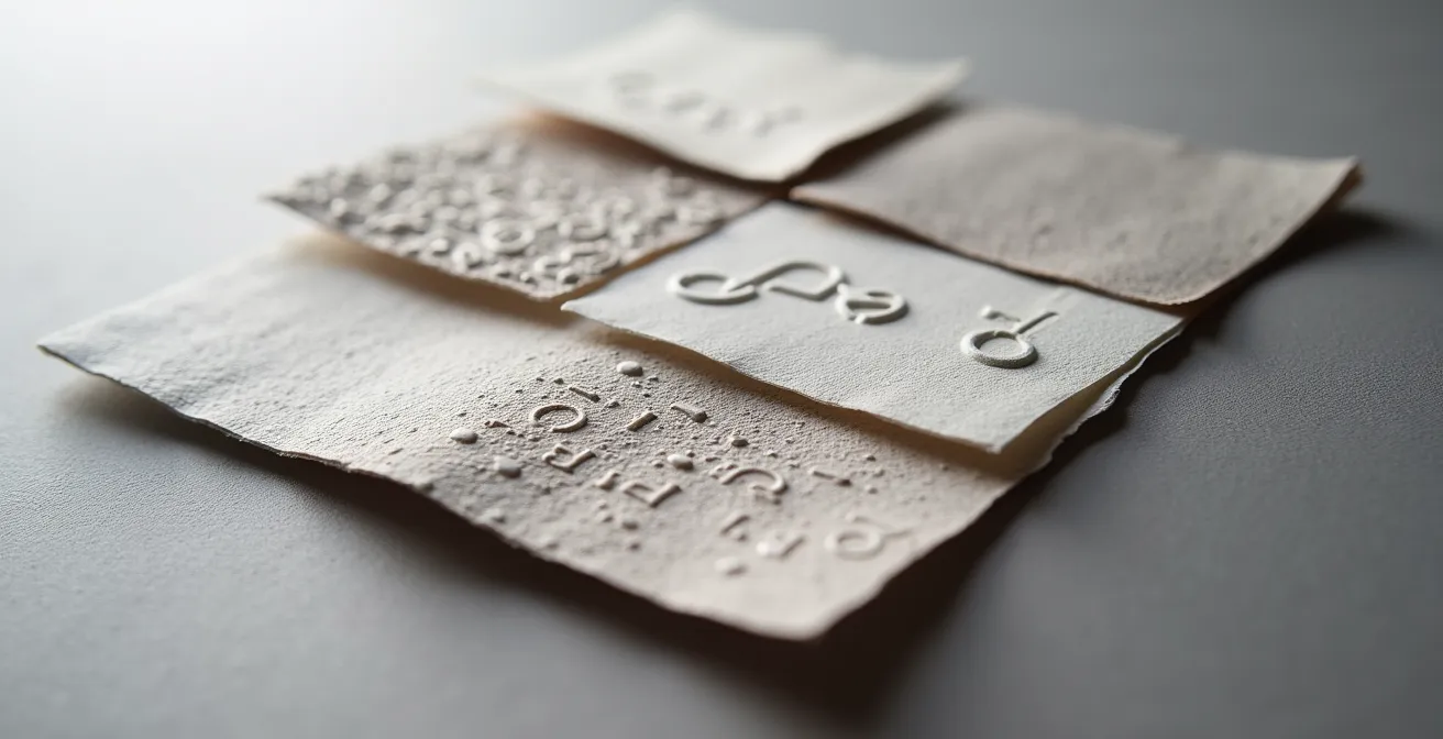 Vue macro des différentes textures d'impression sur papier cartonné