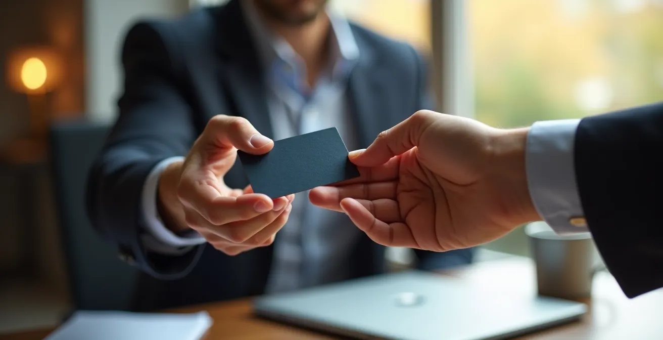 Gros plan sur des mains échangeant une carte de visite lors d'une rencontre professionnelle